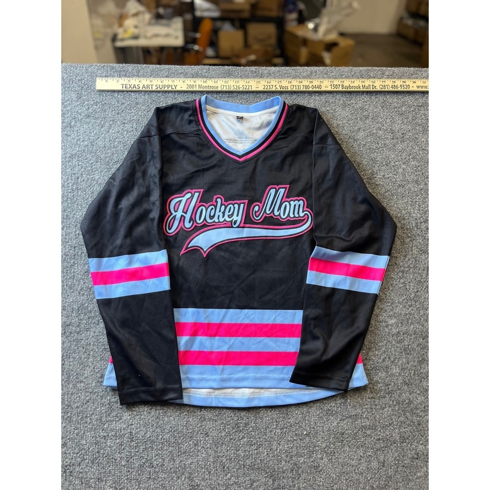 Unbranded Hockey Jersey Womens Size L Black Pink Blue Hockey Mom Fieldwork Coach